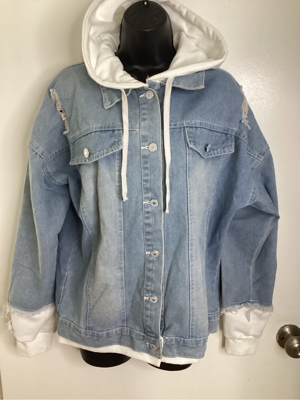 Light Blue Denim Distressed Jacket with White Hood M-XL